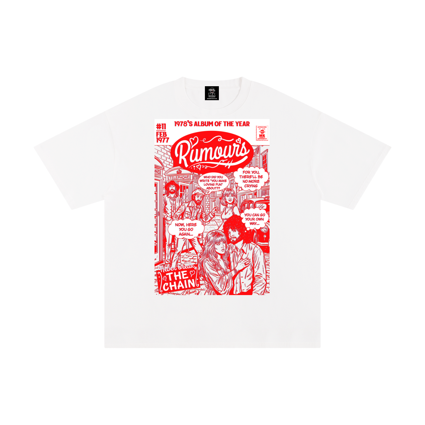 White t-shirt with red graphic design featuring parody album cover art for Fleetwood Mac's "Rumours"and text on a white background