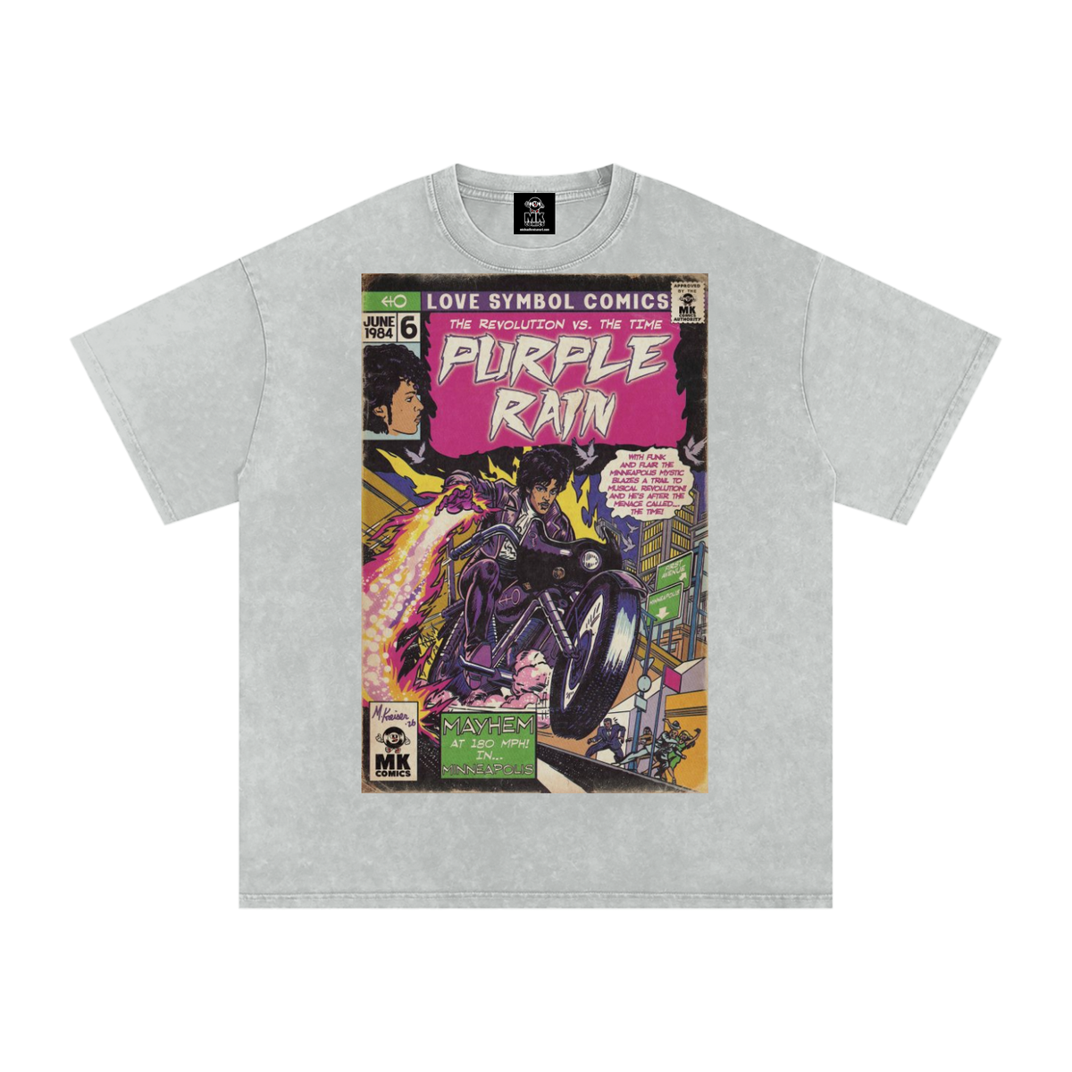 A light gray short-sleeve t-shirt with a vintage comic book cover graphic on the front featuring the title 'Purple Rain' by Prince and a motorcycle scene.