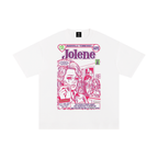 A white short-sleeve t-shirt with a colorful graphic print on the front. The graphic features a pink and purple comic-style illustration of Dolly Parton with the text 'Nashville Tennessee Jolene 1975' and 'WILD WEST'.