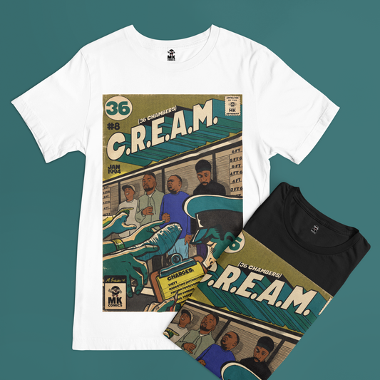 White t-shirt with a graphic design of a comic book cover featuring 'C.R.E.A.M.' on a teal background.