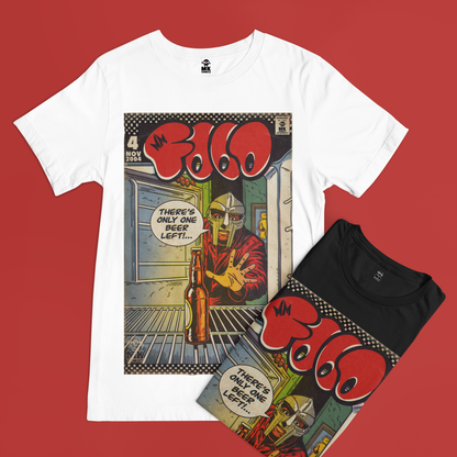 White t-shirt with comic book graphic design on a red background, "there's only one beer left"