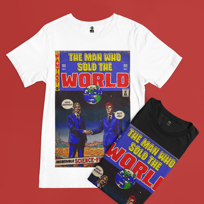 White t-shirt with 'The Man Who Sold the World' comic book cover design on a red background