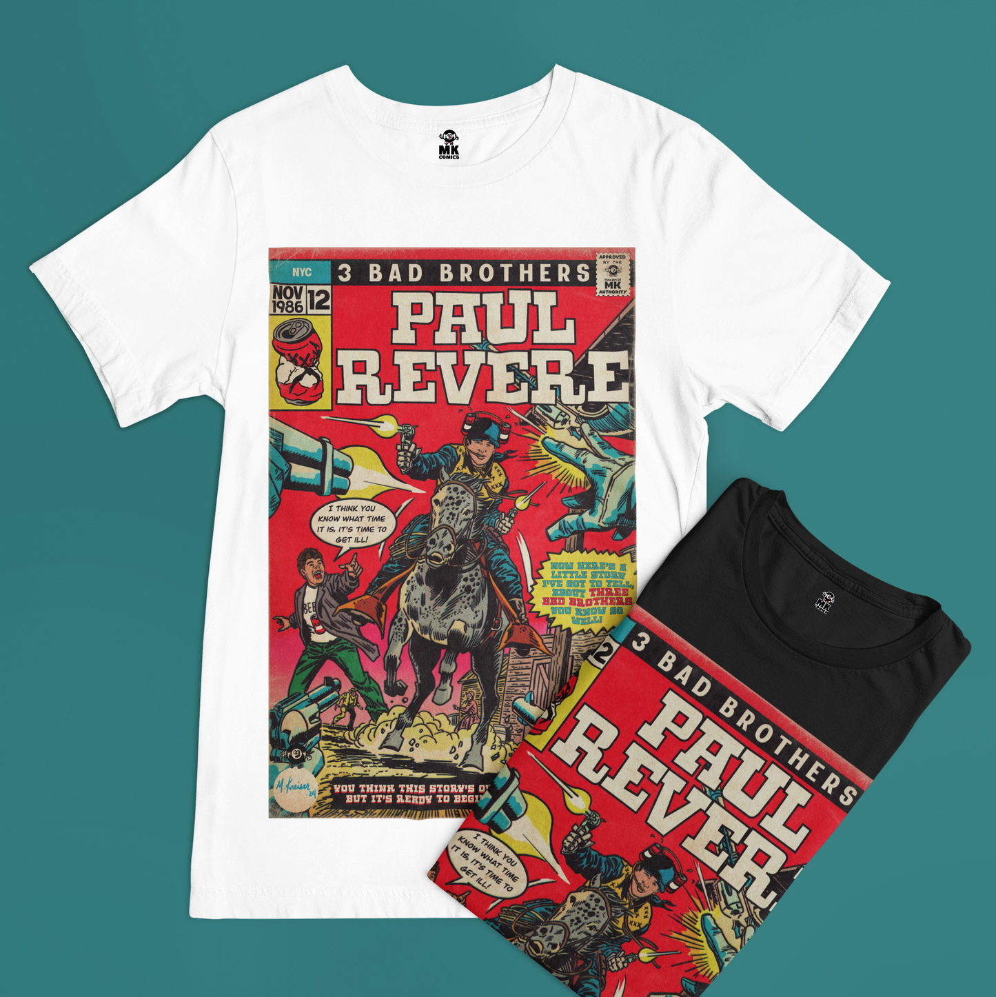 White t-shirt and black t-shirt with Paul Revere comic book design on a teal background