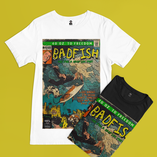 White t-shirt and black t-shirt with comic book design on a yellow background Baby are you a badfish too, lord knows i'm weak