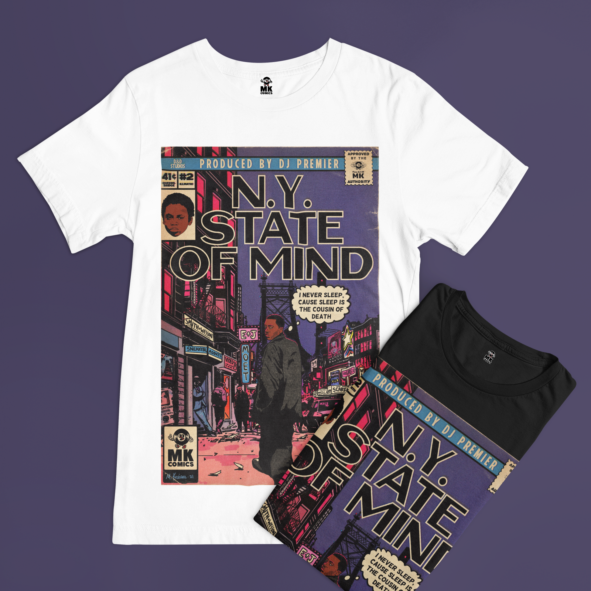 White t-shirt with 'N.Y. State of Mind' graphic design on a purple background