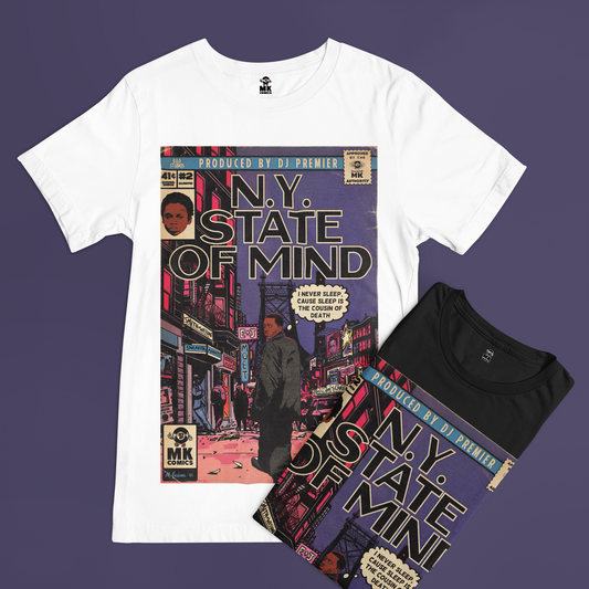 White t-shirt with 'N.Y. State of Mind' graphic design on a purple background