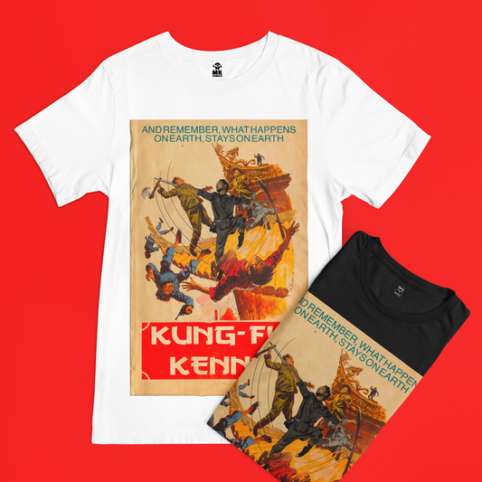 White t-shirt and black shorts with Kung Fu Kenny graphic design on a red background