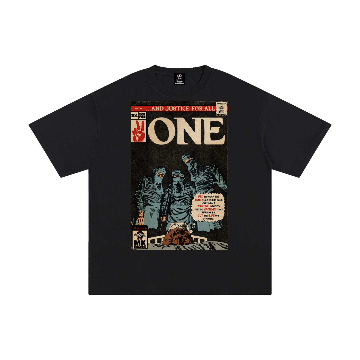 Black t-shirt with comic book graphic One - Metallica design on a white background