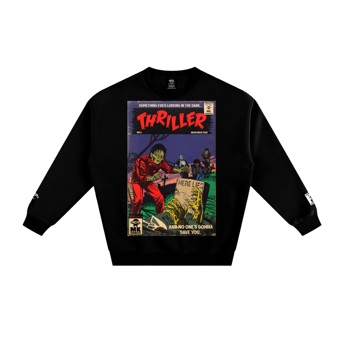 A black crewneck sweatshirt featuring a large vintage-style comic book cover by Mk Comics Parody Art graphic on the chest with the title 'Thriller' by Michael Jackson and a horror illustration. The sweatshirt is shown flat against a solid white background.