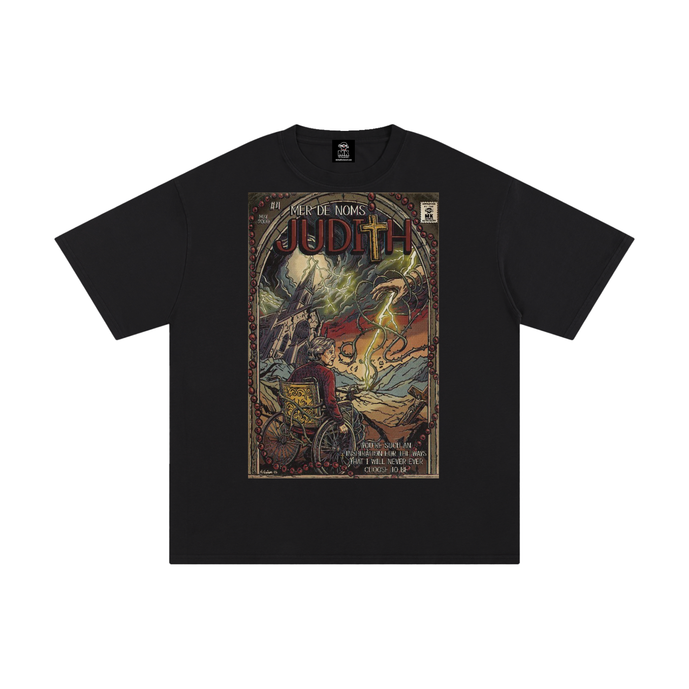 Black t-shirt with a graphic design of 'Judith' by A Perfect Circle on a white background
