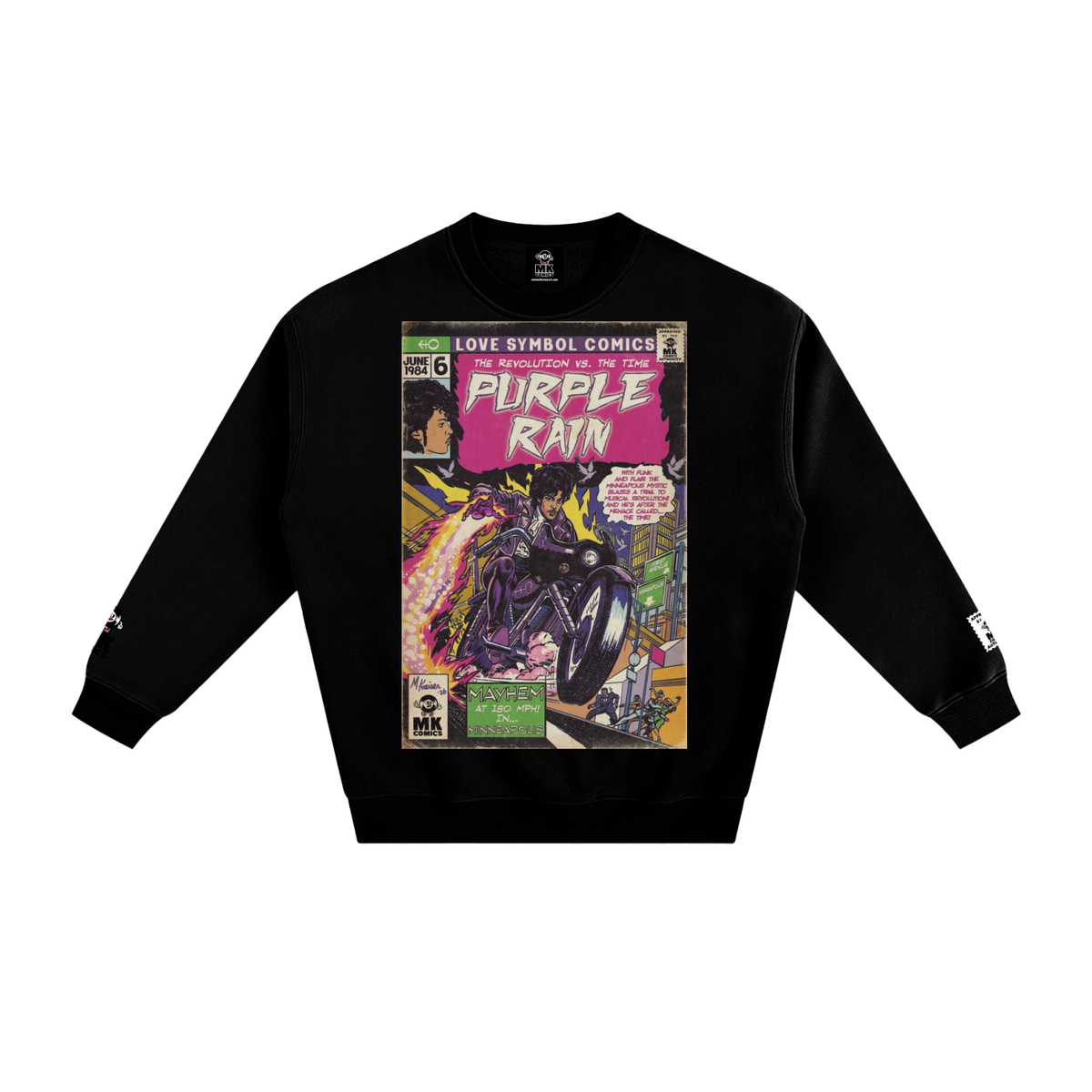 A black crewneck sweatshirt featuring a large vintage comic book cover graphic on the front with the title 'Purple Rain' by Prince and 'Love Symbol Comics'.
