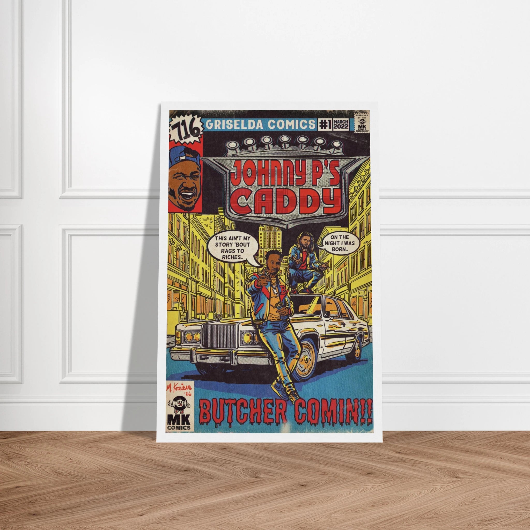 Framed Print of vintage comic book art parody by MK Comics Parody Art of Johnny P's Caddy by Benny the Butcher x J. Cole 