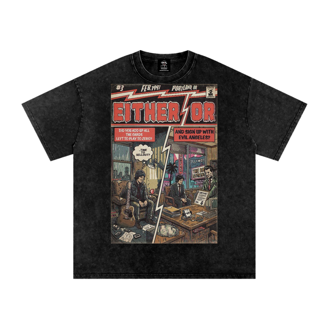 Black t-shirt with a graphic design of 'Either/Or' by Elliott Smith comic book cover on a white background