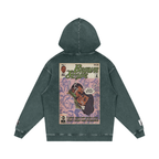 Green hoodie with comic book design Brown Sugar by D'Angelo on the back against a white background