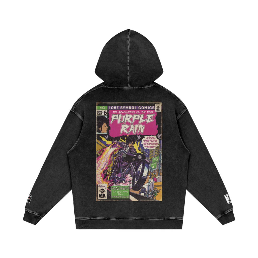 A black acid-wash hoodie shown from the back, featuring a large vintage comic book cover graphic with the text 'Purple Rain' by Prince and 'Love Symbol Comics'.