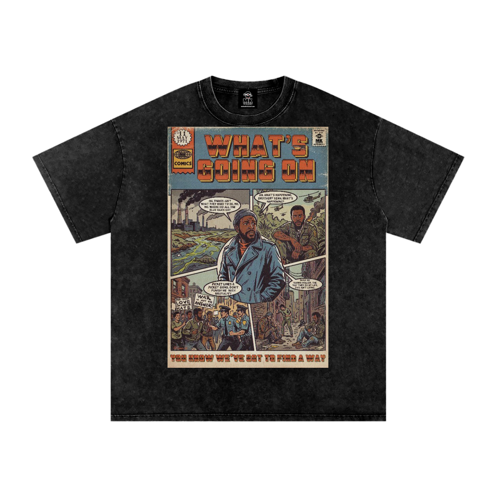 Black t-shirt with a comic book graphic design of Marvin Gaye's "What's Going On" on a white background