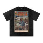 Black t-shirt with a comic book graphic design of Marvin Gaye's "What's Going On" on a white background